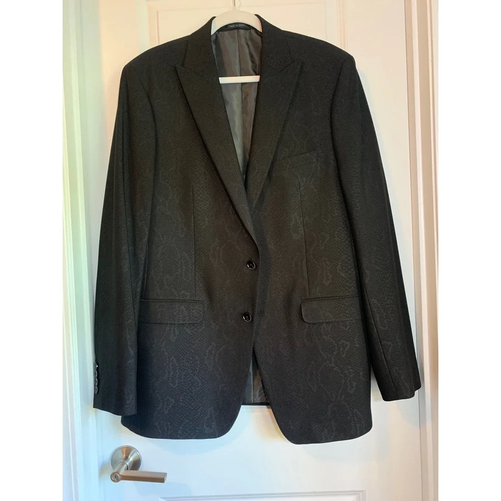 Calvin Klein Men's Black Suit Jacket Snakeskin Jacquard Blazer Two-Button 44L